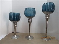 3 nice Pedestal Glass Candle Holders 12" 14" 16"h