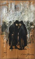 Sgd. Luciano Guarnieri Painting of Figures Huddled