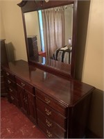 NICE COLONIAL CHERRY LOW BOY DRESSER WITH MIRROR