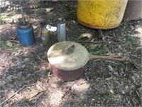 (3) Vintage Oil Cans & Iron Cooker