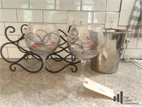 Hand Blown Wine Glasses, Rack & Ice Bucket