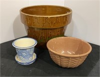 Lot of three planter pots - large brown glaze pot