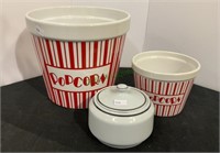 Lot of two ceramic popcorn jars and a light gray