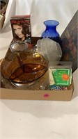 Ashtrays, glass dishes, vase, cross picture, hair