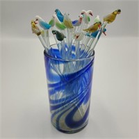 Blue Swirl Glass of Bird Stir Sticks