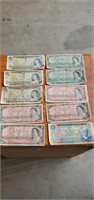 10 vintage Canadian paper currency - (2) 1954 $1