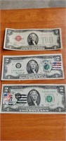 1928 Red Seal $2 bill & (2) 1976 stamped $2 bills
