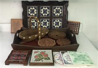 Wood and tile serving tray and trivets