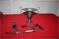 LOT OF ASSORTED KNIVES & PLATED VASE