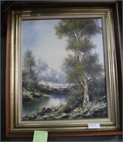 Acrylic on canvas of Birch tree on riverside