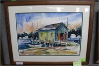 Framed and glazed watercolor of harbor scene