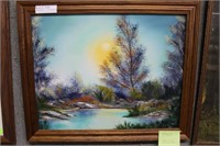 Acrylic on canvas of bright river scene 19" x 23"