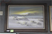 Acrylic on canvas beach scene signed Remington