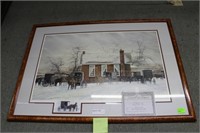 Lithograph of Amish buggies in winter