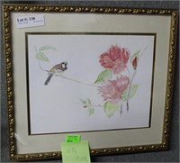 Framed watercolor of bird on floral branch