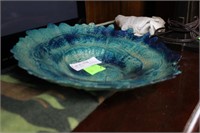 Green & blue glazed pottery bowl, 12” dia.