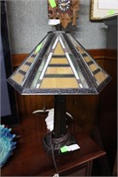 Crasftsman style lamp w/ stained glass shade,