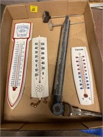 Box of Misc Thermometers and Vintage Papercutter