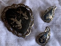 Vtg Siam Sterling Silver Brooch & Earrings