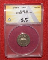 1883 Five Cent Shield   EF40 Details  ANACS