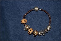 Braided Leather Bracelet w/ Glass Beads, Turtle &