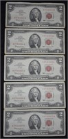 1963 $2 Red Seal About UNC; Seq. Serials; 5 Pcs.