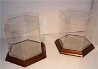 Pair mini Hexagonal acrylic displays on wood bases