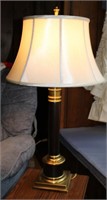 wood & brass column style table lamp w silk shade