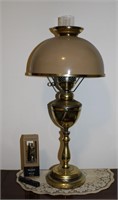 Student type lamp w beige glass shade