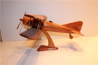Wooden mahogany model biplane w prop on stand