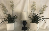 Pair of White Faux Orchid Plants and Lamp