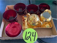 (4) Ruby Cups and Gold Lustre Cream and Sugar