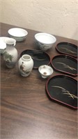 Assortment Of Asian Themed Dishes & Mini Vases