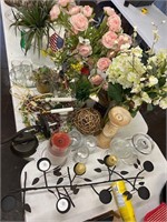 Flower arrangements, candle holders, etc