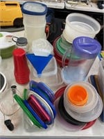 Plastic storage containers, pitcher, cups, funnels