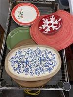Pottery tray, Christmas plates, lazy susan etc