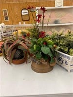 Artificial plants, copper kettle, teapot planter