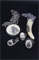 Scrimshaw jewelry lot incl. Forest scene ring, whe