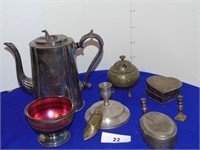 Sheffield Tea pot, candle sticks and metal ware