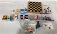 Box lot of cards, game pieces, & checkers board