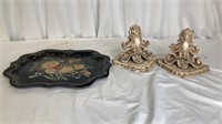 Hand painted floral tray with pair of wall