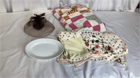 Vintage hat, quilts, & tray