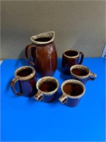 Hull pottery brown drip pitcher & cups