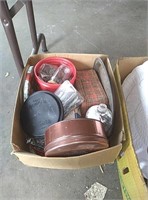 Box of tin containers, bottles, and more