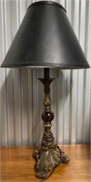BRONZE TONE TABLE LAMP BLACK LEATHER SHADE