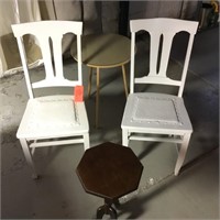 2 white painted chairs, plant stand etc