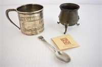 SILVERPLATE BABY CUP, MATCH HOLDER & SPOON