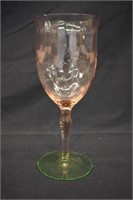 PINK ETCHED WATERMELON WINE GLASS- GREEN BASE
