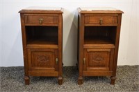 2 OAK WITH MARBLE TOP STANDS - 33" H X 17" SQ. TOP