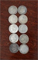 (10) Roosevelt Silver Dimes, 1940s - 1964